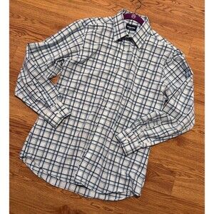 Lands’ End Shirt Regular Fit Plaid Polyester Blend M 15-15.5 , 32/33 Blue White